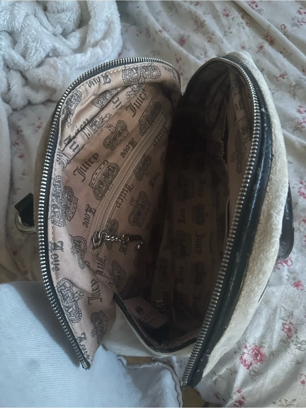 Juicy Couture Beige Canvas Satchel with Black Trim & Embroidered Logo